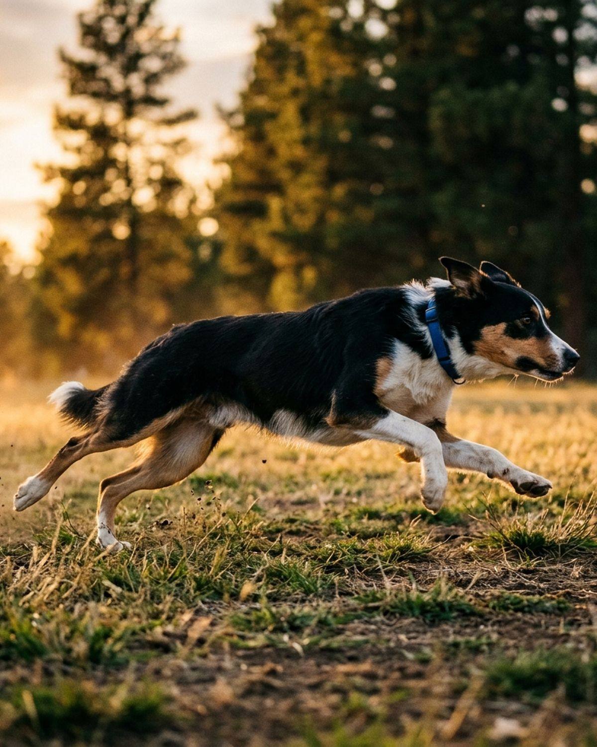 Border collie mid-stride on a training field at golden hour