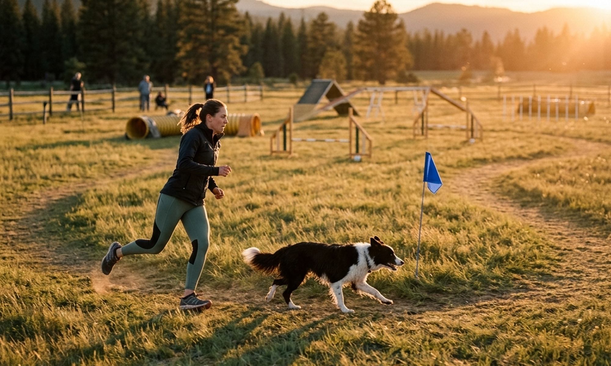 Dog and handler running a field course in late light
